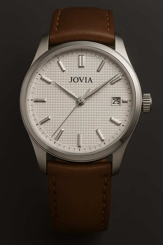 JOVIA Classic Collection – Ivory Grid Dial with Brown Leather Strap